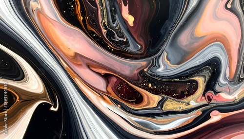 Abstract art with swirling paint, blending colors like black, gold, peach, and white