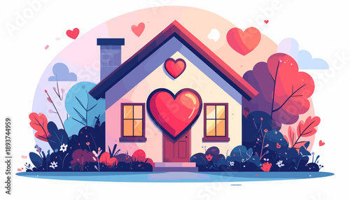A charming, stylized house nestled among lush foliage, adorned with vibrant hearts, symbolizing love, home, and cherished moments.
