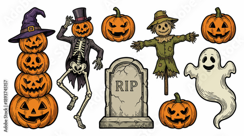 Classic Vintage Halloween Set: Engraving Illustration of Jack-o'-Lanterns, Spooky Skeleton, Ghost, Scarecrow, and Gravestone Collection.