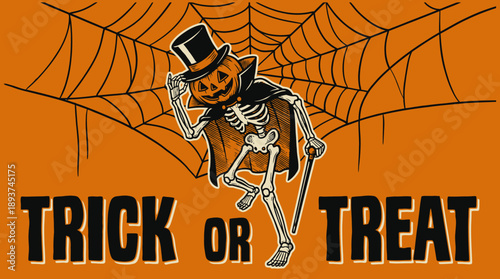 Vintage Halloween Greeting Card: Dapper Skeleton Jack-o'-Lantern with Top Hat, Cape, and Cane on Orange Spiderweb Background. Trick or Treat Banner.