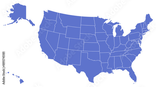 Detailed Blue Map of the United States of America (USA) with 50 States Outline. Perfect for Data Visualization and Infographics.