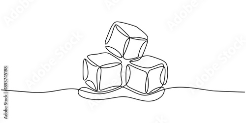 One continuous line illustration of stacked ice cubes, isolated on white background, Continuous line drawing of three ice cubes melting on a surface. Vector illustration.