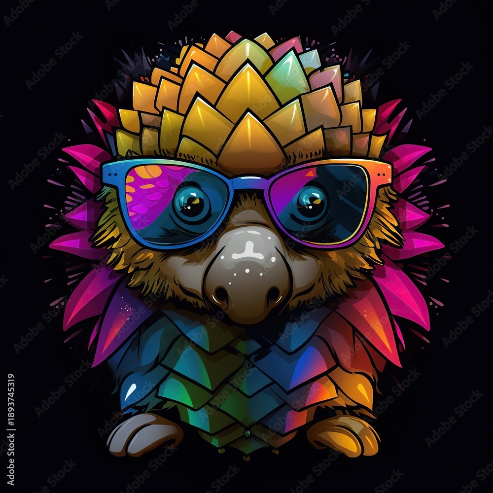 Obraz premium Whimsical Multicolored Geometric Sloth Character Wearing Sunglasses and Neon Feathers