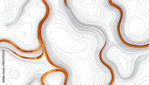 Abstract topographic map with flowing bronze accents on a white and grey background