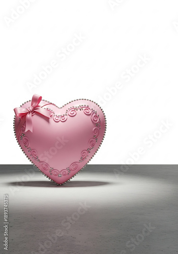 Pink heart box, bow gleams romantically in soft light