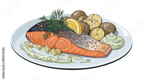 Salmon fillet served with potatoes and lemon on a plate, garnished with herbs and sauce, illustration of a delicious meal.