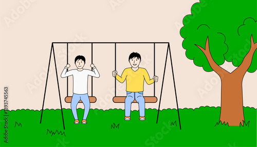 Two men are sitting on a swing set in a park