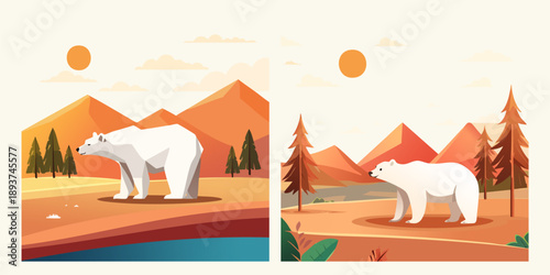 Vector illustration of a mountain landscape with trees and a desert sunset featuring pyramids and polar bear under a summer sky