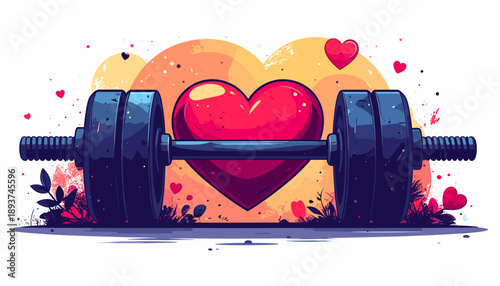 A vibrant, stylized illustration depicts a large red heart nestled between the weights of a dumbbell, symbolizing the connection between love, health, and fitness.