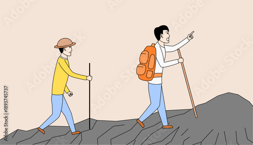 Two men are walking up a hill, the leader is pointing to the right