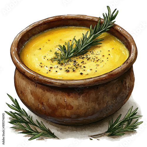 watercolor of Avgolemono Soup illustration graphic, isolated on a white background.