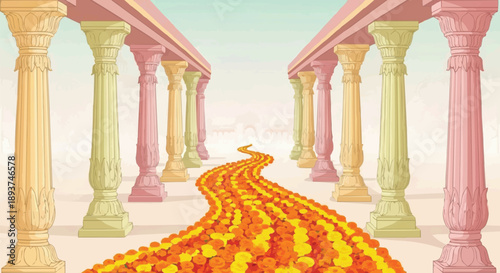 Royal Indian wedding card background with palace pillars framing marigold petal ceremonial path, pastel flat vector illustration