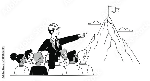 Businessman leading team to success, mountain goal illustration, leadership vision, strategy planning, teamwork concept, for presentation or website, black and white vector