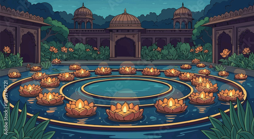 Night Scene of Indian Royal Palace Garden with Floating Lotus Lamps and Diya for Festive Diwali or Wedding Reception Backdrop
