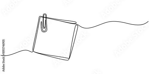 Continuous one line drawing of empty note paper with paperclip. To do note paper in single line draw illustration. Editable stroke, Paper note with clip in flat style. Note paper pieces pro vector.
