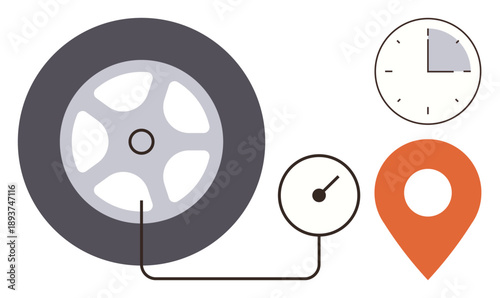 Vehicle maintenance, automotive service, tire safety, travel planning, time management, navigation. ion of tire, gauge clock location pin. Tire safety and automotive service concept