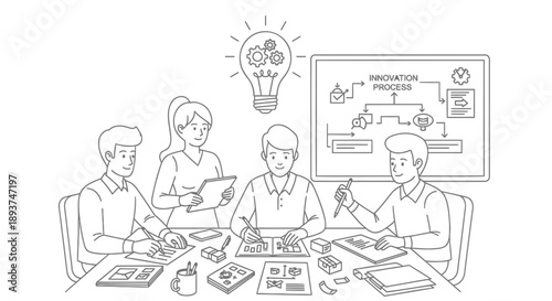 Vector illustration of four people in a meeting or brainstorming session with flowchart on screen, for presentation or website, Isolated on transparent background, png