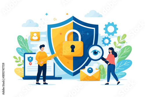 Digital security concept with people, shield, lock, key, and magnifying glass