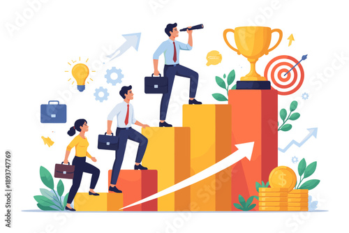 Business people climbing stairs towards success, trophy, and target illustration