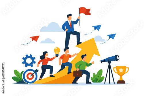 Team climbing up arrow graph towards success with leader holding flag and trophy