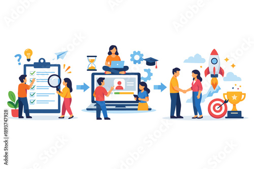 Business process stages from planning to success with teamwork and achievement