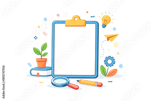 Creative process and idea generation with a blank clipboard and colorful elements