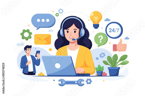 Customer service agent with headset and laptop providing 24/7 support and solutions