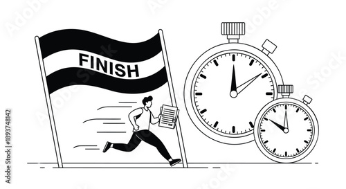 Businessman rushing to finish line with briefcase, stopwatch and clock