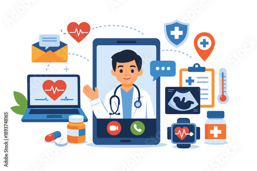 Doctor on smartphone screen providing online medical consultation and healthcare services
