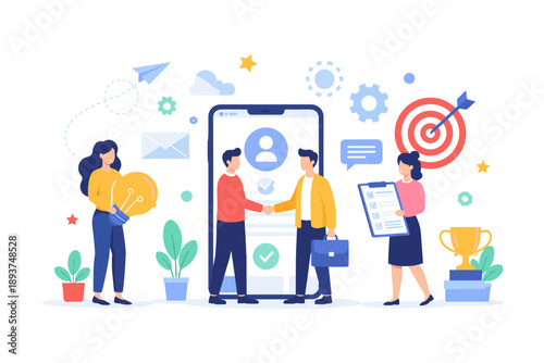 Business people shaking hands on a smartphone screen, symbolizing partnership and success