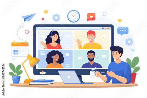 Diverse team collaborating remotely through video conference calls on a computer screen