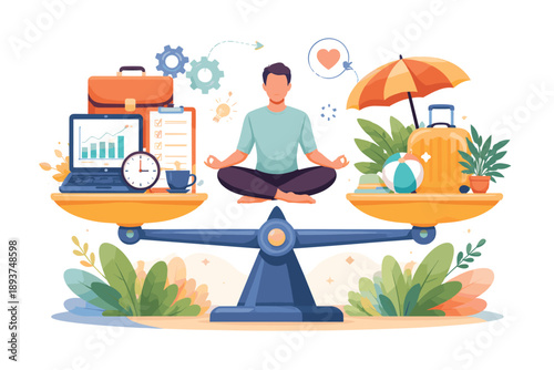 Man meditating on a balance scale representing work-life balance with travel and leisure items