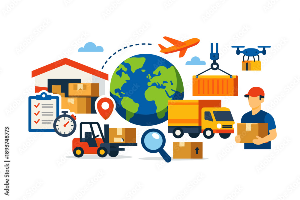 Naklejka premium Global logistics and supply chain management with diverse transportation methods