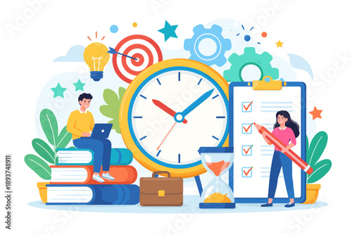 Time management and productivity concept with people working and checking tasks