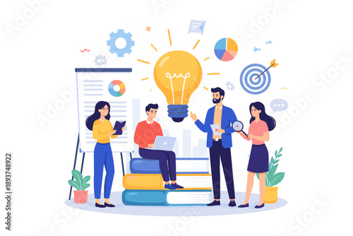 Team brainstorming and collaborating around a bright idea lightbulb illustration