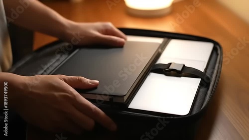 Person packing a tech organizer bag with a laptop and notebook