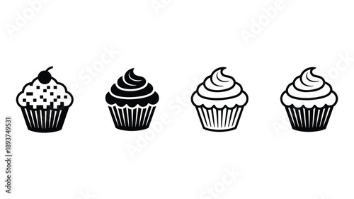 Four keywords: black and white cupcake with swirled frosting and one cherry topping dessert sweet