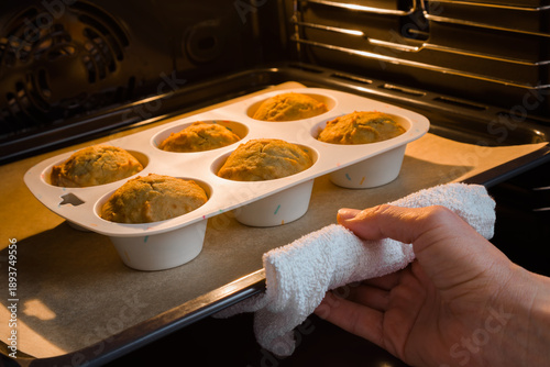 Принти на полотні Young adult woman hand with towel holding tray with fresh muffins in white silicone cupcake form in oven