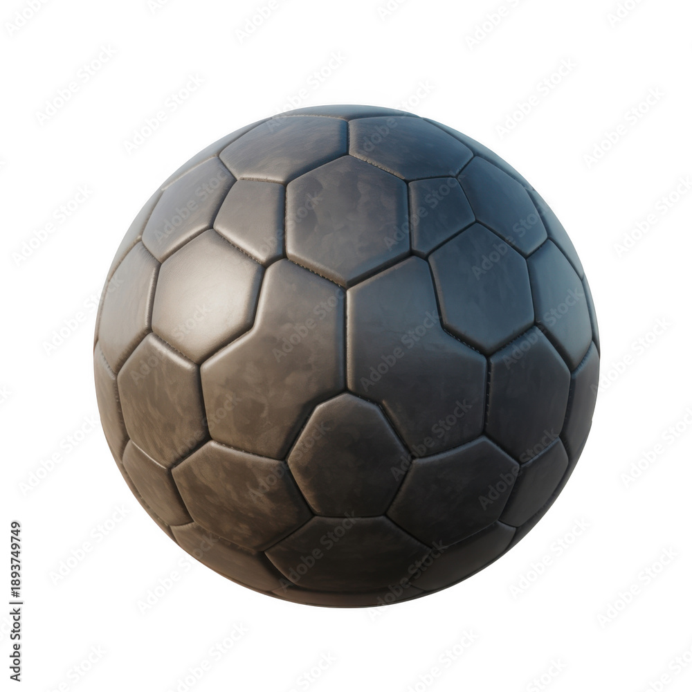 Fototapeta premium A classic soccer ball with a weathered dark gray leather texture, showing the traditional pentagonal and hexagonal panel construction, isolated on a transparent background.