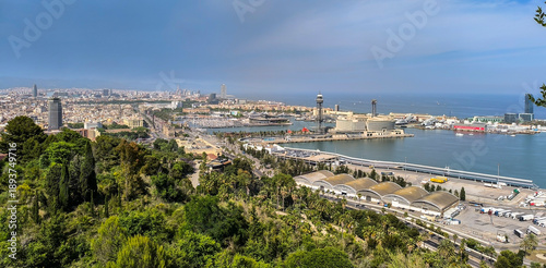 View of the city of Barcelona from Montjuic hill, with trees in foreground. Spain