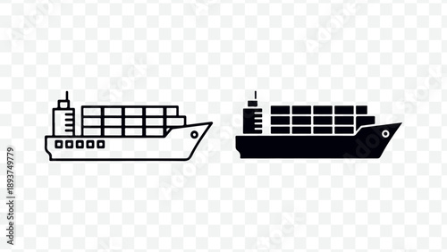 Cargo ship or freight ship icons, black and white vector illustration, for logistics or transportation concept, Isolated, isolated on Transparent Background