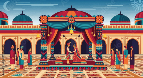 Night Indian Wedding Ceremony at Palace with Colorful Mandap, Mosaic Floor, Traditional Decorations and Lamps