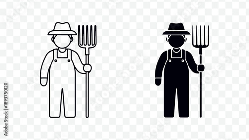 Farmer icons with pitchfork, black and white vector illustrations for agriculture or farming concept, for logo or infographic isolated on Transparent Background