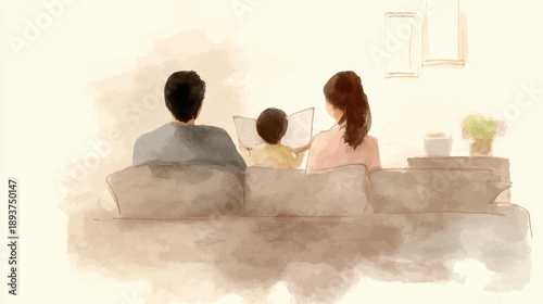 Illustration of a family of three sitting on a couch in a living room. the family consists of a man, a woman, and a child.