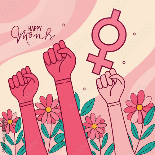 1.International Women’s Month Feminist Empowerment Illustration with Raised Fists and Venus Symbol Vector Poster