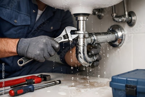 Male Plumber Fixing Bathroom Pipe Leak, Close-Up Action Shot with Water Drops, Clean Tools, No Face Visible, Realistic Home Plumbing Service Commercial Stock Photo