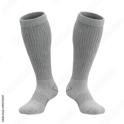 A pair of tall, light gray athletic compression socks with a ribbed leg texture and supportive knit on the foot, designed for sports and circulation on a transparent background.