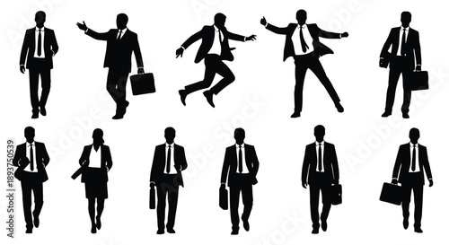 Collection of Silhouettes of Business People in Various Poses and Actions, Including Walking, Jumping, and Gesturing with Briefcases.