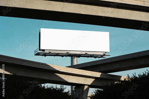 Blank highway billboard mockup with clear blue sky standing high above concrete freeway overpasses with copy space for advertising and communications concept.