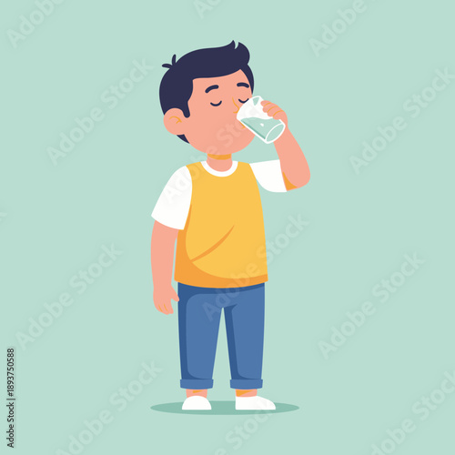 Boy Drinking Water Illustration – Child Hydration and Healthy Lifestyle Cartoon for Education & Wellness Design